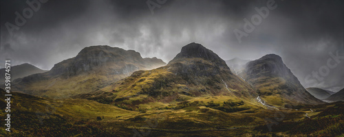 The Three Sisters Mountains, Glencoe in the Scottish highlands. Famous three peaks of Glencoe. 