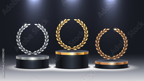 Stage podium with laurel wreath. Golden, silver and bronze stage podium in spot light. Stage podium for award ceremony. Vector illustration.
