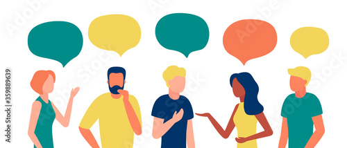 Group people african, american, caucasian communication via Internet, social networking, chat, video, news, messages. Team man and woman talk, discussion together. Vector illustration