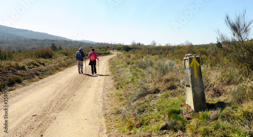 Pilgrims on the Camino de Santiago, Camino Sanabres from Campobecerros towards the town of Laza, Orense province, Spain