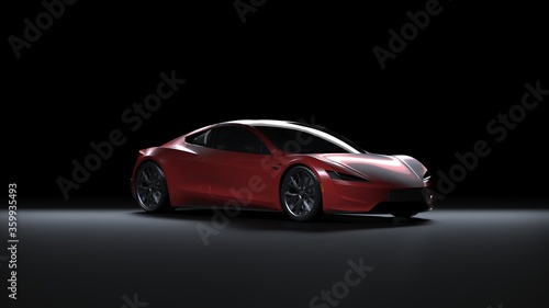 Back Light Electric Sports Car 3d Render in Black Background Tesla Roadster