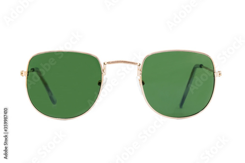 Green rectangular sunglasses with round bottom clear lenses and thin golden frames isolated on white background. Front View.