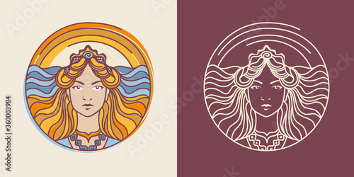 Young blond woman on the ocean and sunrise background. Eos, Greek goddess of dawn, Logo or emblem. Editable stroke