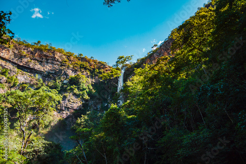 Itiquira waterfall, city of Formosa, state of Goias, Brazil. Salto Itiquira. Beautiful and paradisiac landscape. Preserved park in South America.