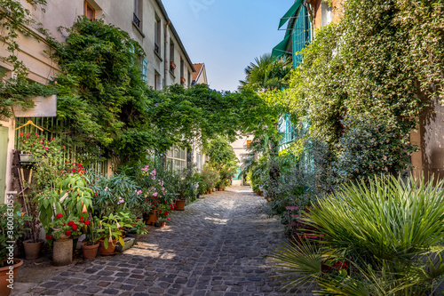 Paris, France - June 24, 2020: The Figuier street with its vegetation in Paris 11th district