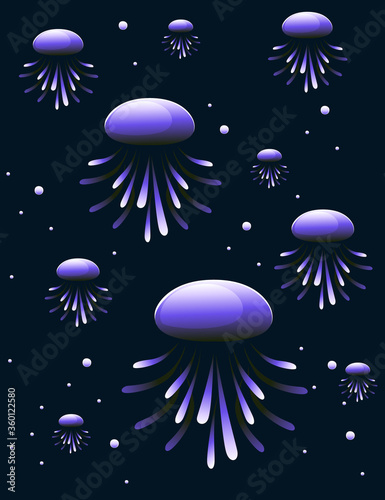 Abstract purple jellyfish with neon style color flat vector illustration on dark background