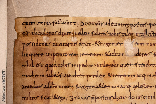 Anglo-saxon leaf showing script by scribe Cundpato from the C8th or C9th written on parchment. 