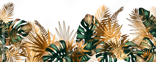 Tropical golden and emerald leaves seamless pattern border frame with vector image