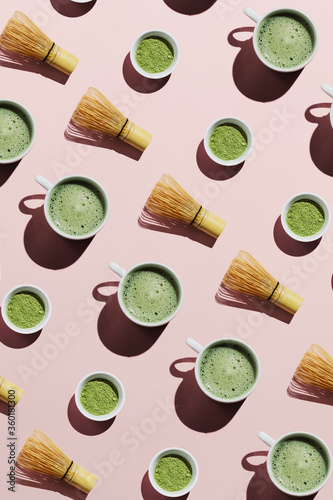 Pattern with tools for making matcha drink