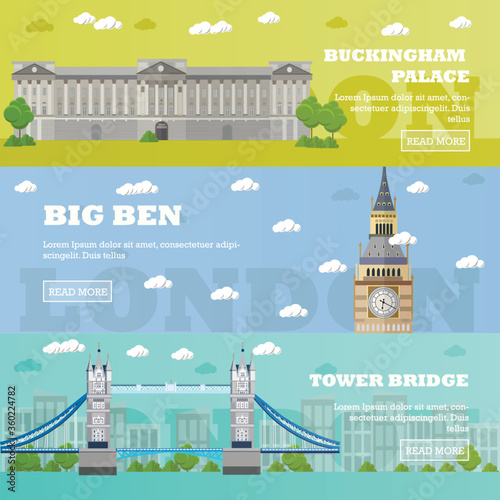 London tourist landmark banners. Vector illustration with London famous buildings. Tower bridge, Big Ben and Buckingham Palace