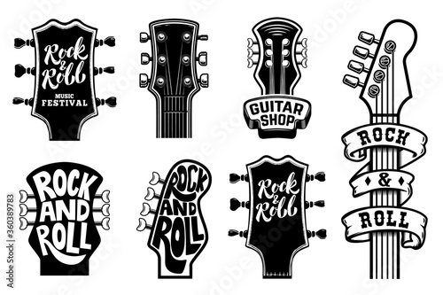 Set of rock and roll guitars necks heads with lettering. Design element for logo, emblem, card,banner, t-shirt. Vector illustration