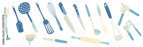 Vector set with cooking tools. Rolling pin, spatula, whisk, can-opener, garlic press, ladle, piller, slotted spoon, funnel, knives. Illustration isolated on white background.