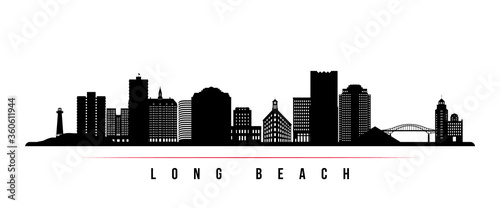 Long Beach skyline horizontal banner. Black and white silhouette of Long Beach, California. Vector template for your design.