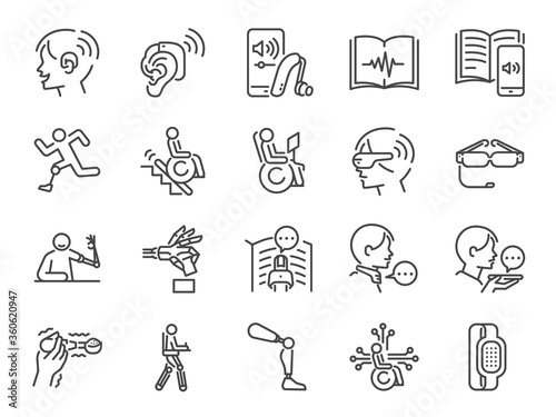 Disability with technology line icon set. 