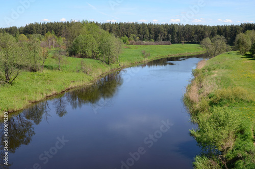 Typical landscape of Central Russia. View of Nerl river in surroundings of Luki village. Tver Oblast, Russia.