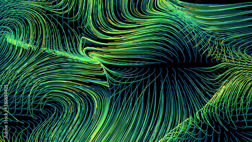 3d render of flow field visualization. Lines are curled and turbulence by wind simulation. Scientific concept background.....