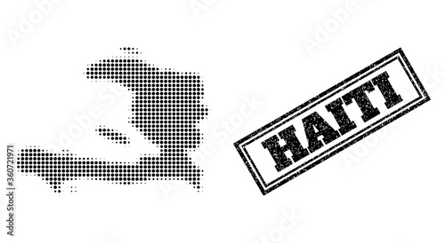 Halftone map of Haiti, and scratched watermark. Halftone map of Haiti designed with small black circle items. Vector imprint with scratched style, double framed rectangle, in black color.