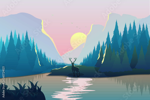 Landscape vector illustration with a deer, river, spruce forest and mountains at sunset