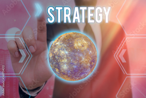 Handwriting text writing Strategy. Conceptual photo action plan or strategy designed to achieve an overall goal Futuristic icons solar system. Elements of this image furnished by NASA