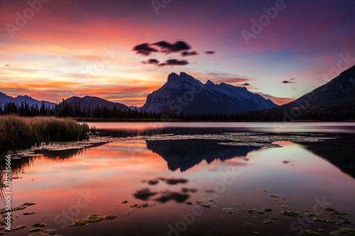 Sunrise from the shore of the Vermilion Lakes in Banff National Park, Alberta, Canada.