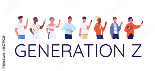 Generation Z flat color vector faceless characters set
