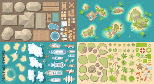 Vector set. Summer vacation. Tropical islands. (top view) Bungalows, Islands, yachts, palm trees, furniture, rocks, flowers. (view from above)