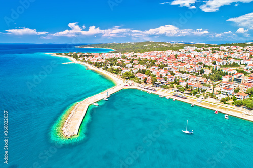 Town of Novalja beach and waterfront on Pag island aerial view