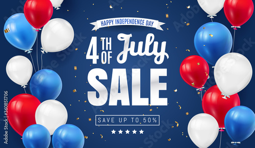 Fourth of July. Independence Day Sale Banner Design with Balloon american flag color. USA National Holiday Vector Illustration with Special Offer Typography Elements for Coupon, Voucher, Banner, Flyer