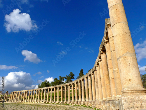 The colonnade at the Forum Cardo in the ruins of the ancient Roman city of Jerash / Gerasa - 45 km north of Amman in Jordan.