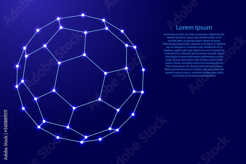 Fullerene, a molecular compound, convex closed polyhedra composed from futuristic polygonal blue lines and glowing stars for banner, poster, greeting card. Vector illustration.