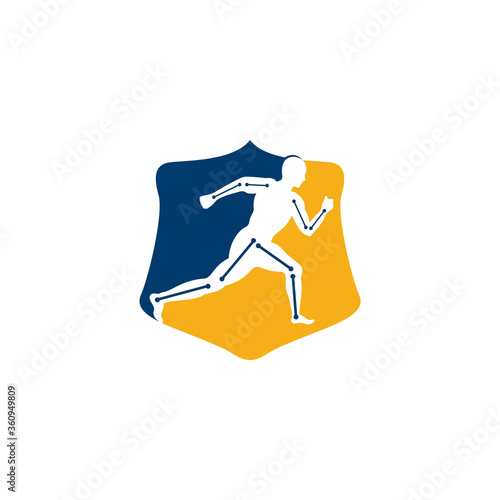 Physiotherapy treatment shield shape concept logo design template vector with people run. Colorful vector health. Physiotherapy clinic logo. Physiotherapy logo.