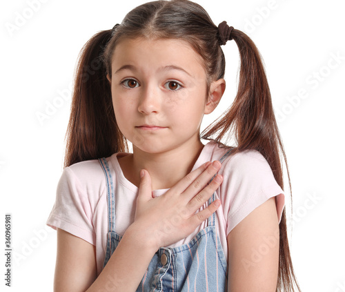 Apologizing little girl on white background