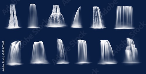 Waterfalls realistic vector of mountain river water falls and cascades. Flowing streams and rapids falling in streambeds, dropping and sliding along cliff slope with fountain splashes and drops