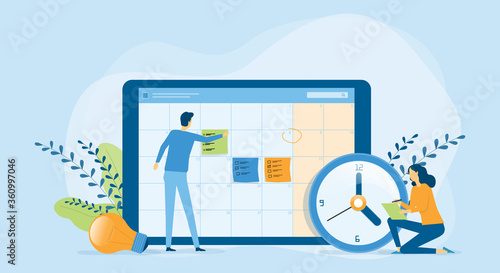Flat vector illustration design Business planning concept and Business people team working with digital online calendar