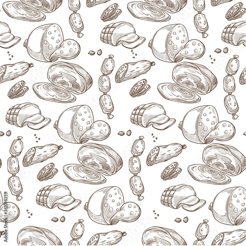 Meat products, sausages and ham slices seamless pattern