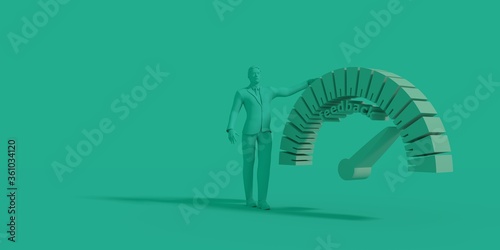 Customer feedback level scale with arrow. Man stay near measuring device icon. Sign tachometer, speedometer, indicators. Infographic gauge element. 3D rendering