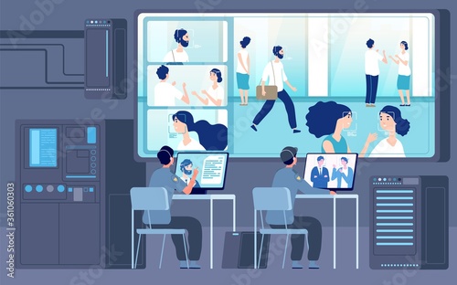 Control room. Security workers looking camera, cctv service. People id digital monitoring, surveillance or guard office vector illustration. Cctv and guard security, surveillance use camera