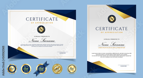 Certificate of appreciation template, gold and blue color. Clean modern certificate with gold badge. Certificate border template with luxury and modern line pattern. Diploma vector template