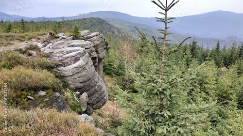 Skały piaskowe na tle panoramy górskiej