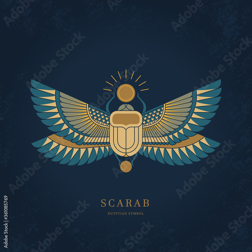 Colorful illustration of the Egyptian scarab beetle, personifying the god Hepri with seamless horizontal patterns. 