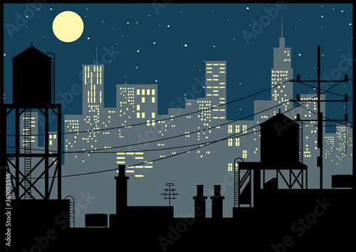 Retro City Panorama Night Cityscape, Water Tower and Roofs Vector Illustration 