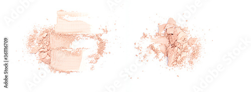 Broken ground beige face powder isolated on white background, top view