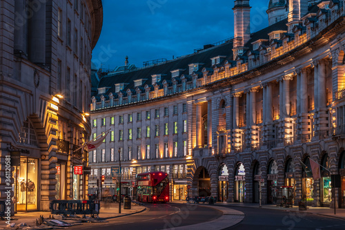 Bus in Regent Street by night during lockdown