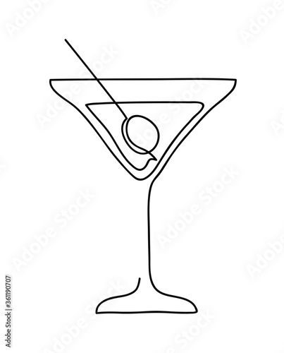 Cocktail glass with martini and olive. Wineglass outline silhouette isolated on white background. Continuous line art drawing style. Hand drawn vector illustration.