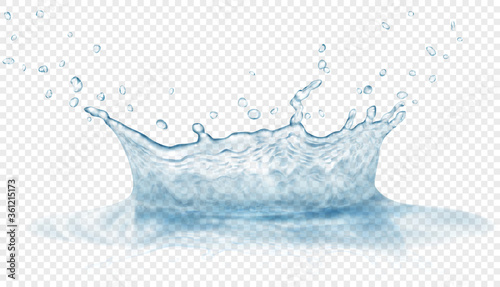 Translucent water crown with drops and reflection. Splash in gray colors, isolated on transparent backdrop. Transparency only in vector file