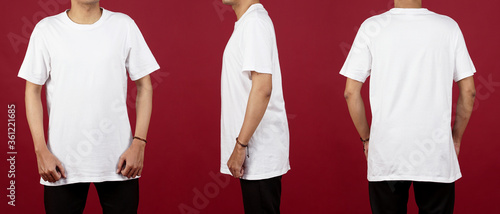 white t-shirt Front and back, mock up templates for Premium Photo print designs. model photoshoot in the studio using a red background.