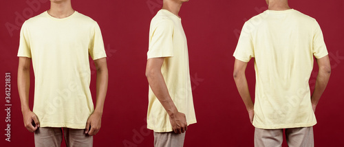 yellow t-shirt Front and back, mock up templates for Premium Photo print designs. model photoshoot in the studio using a red background.