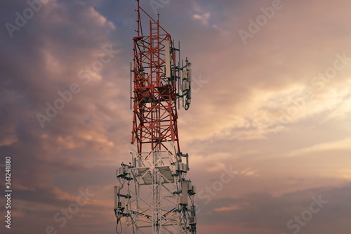 Telecommunication tower 4G and 5G. Macro Base Station or Base Transceiver Station. Wireless Communication Antenna Transmitter. Development of communication systems in urban area at sunset.