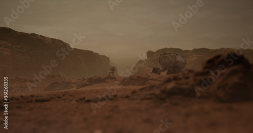 Astronaut walking near planet rover vehicle on a surface of a red rocky planet. Mars colonization concept. Dust effect added. 3d rendering