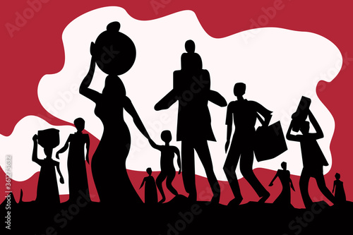 Silhouette of exodus of economically backward people carrying luggages and children.